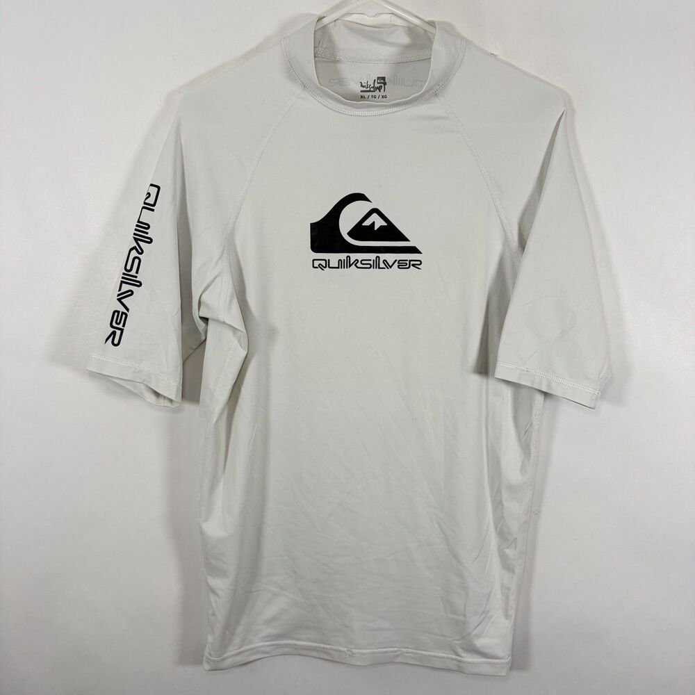 Quiksilver Rash Guard Swim Shirt Mens Size XL White Black Graphics Short Sleeve